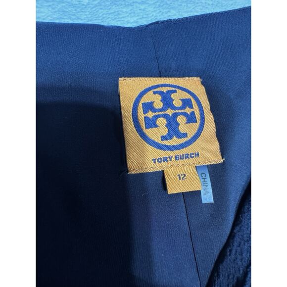 Tory Burch Silk Crepe Sleeveless Lined Midi A-Line Dress In Dark Blue Sz 10 - Picture 2 of 6